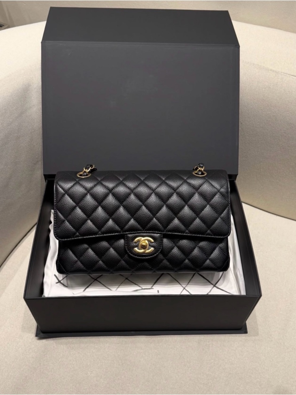 CHANEL Black Quilted Double Flap Shoulder Bag with Gold Hardware
